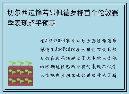 切尔西边锋若昂佩德罗称首个伦敦赛季表现超乎预期