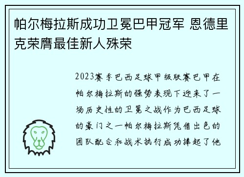 帕尔梅拉斯成功卫冕巴甲冠军 恩德里克荣膺最佳新人殊荣